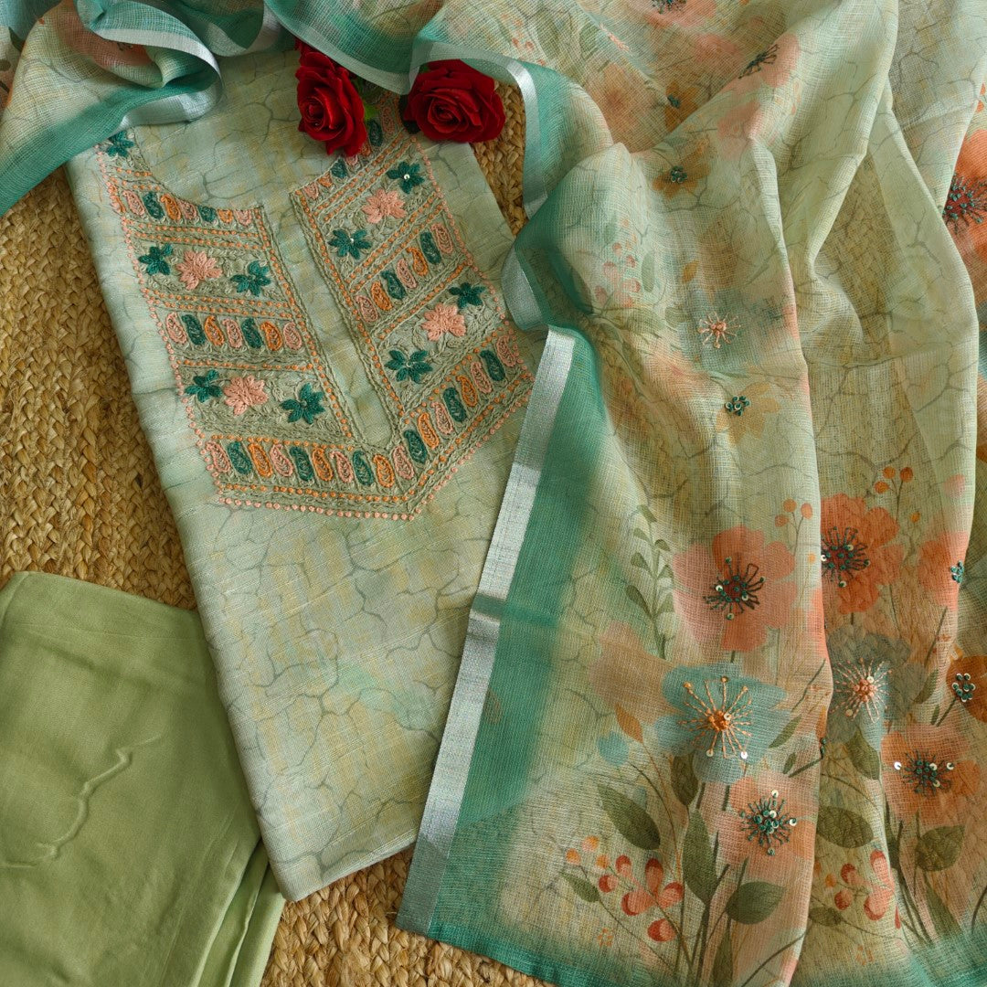 Hand Embroidery Semi linen Salwar suit material