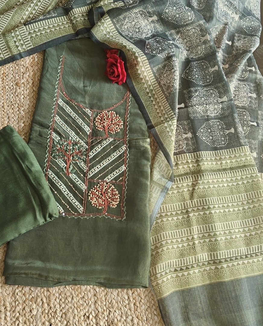 Forest Green Tissue Dress material with Hand embroidery