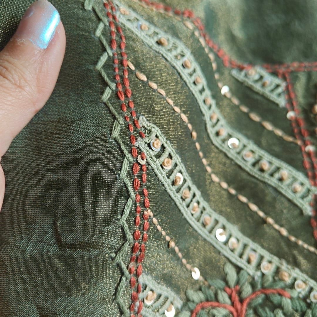 Forest Green Tissue Dress material with Hand embroidery