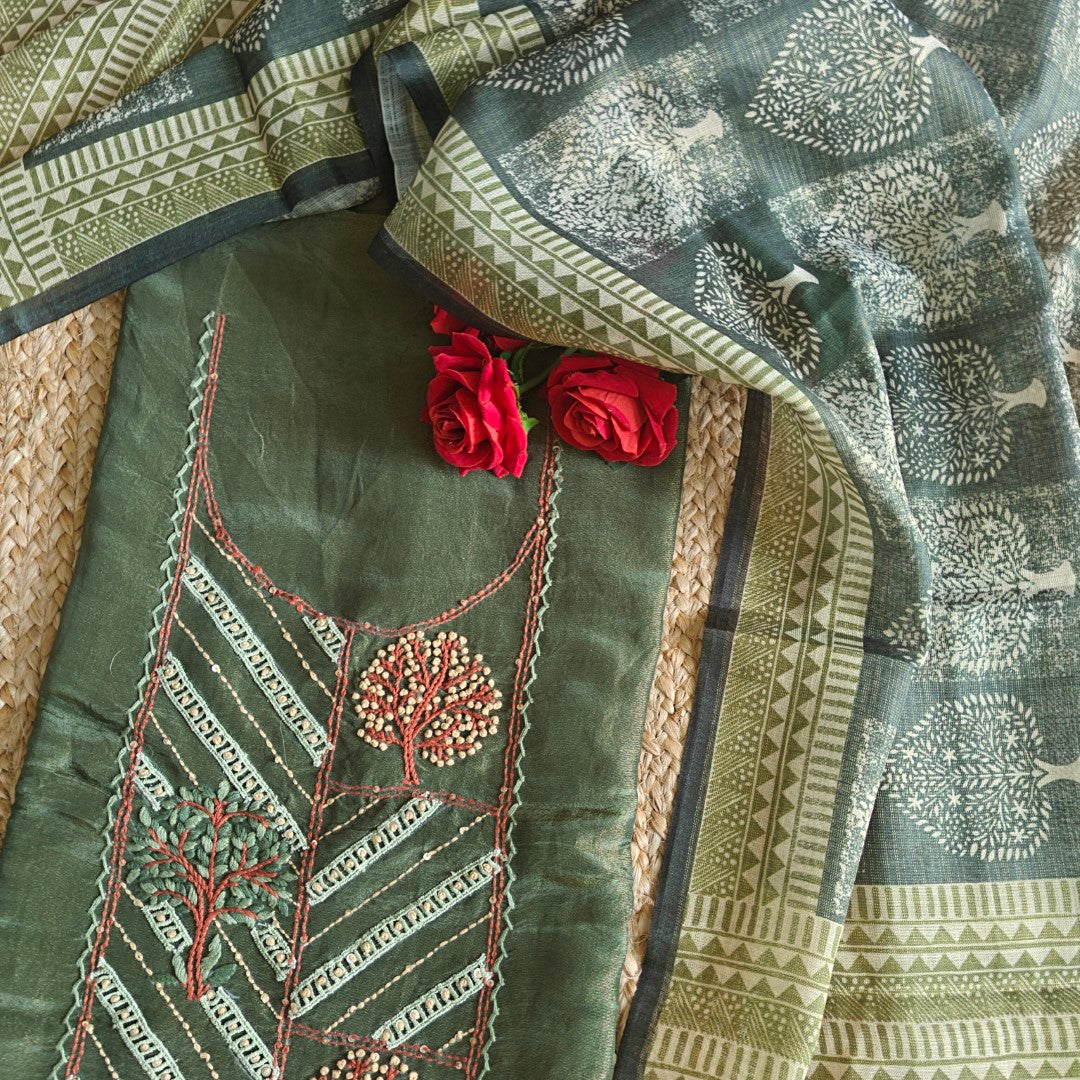 Forest Green Tissue Dress material with Hand embroidery