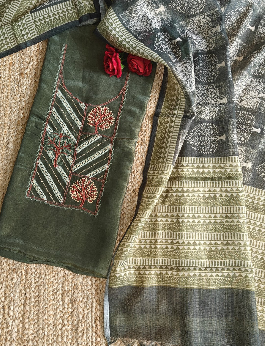 Forest Green Tissue Dress material with Hand embroidery