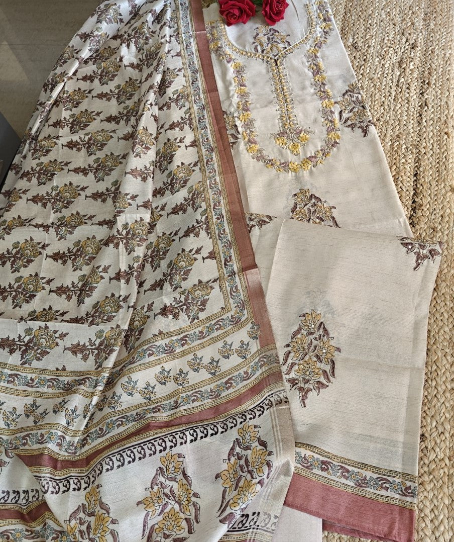 Pure Silk Tussar Printed Dress Material with Handwork