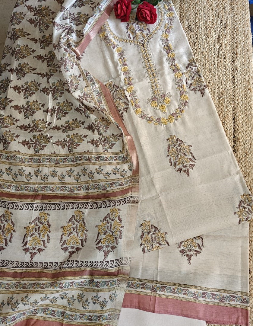 Pure Silk Tussar Printed Dress Material with Handwork