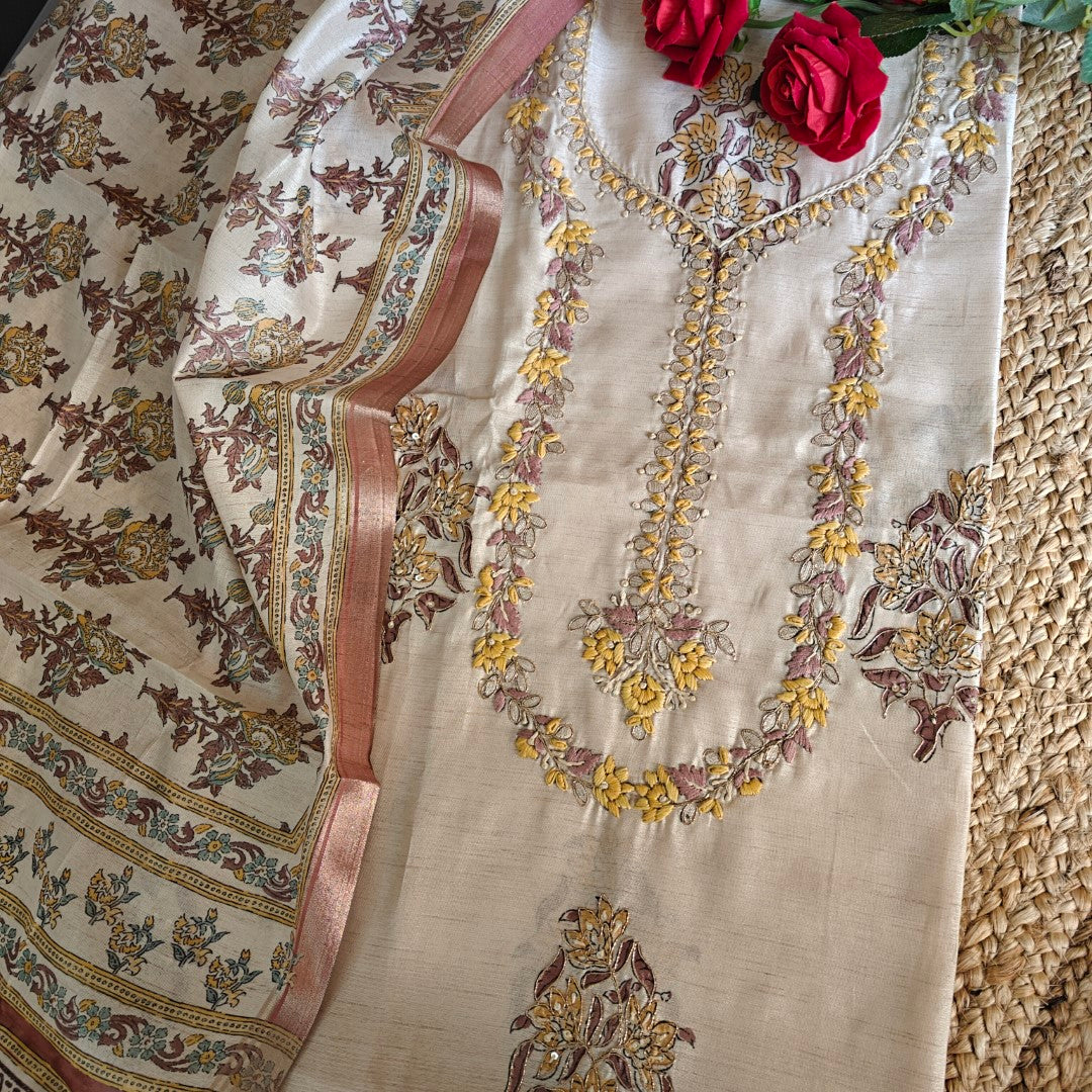 Pure Silk Tussar Printed Dress Material with Handwork