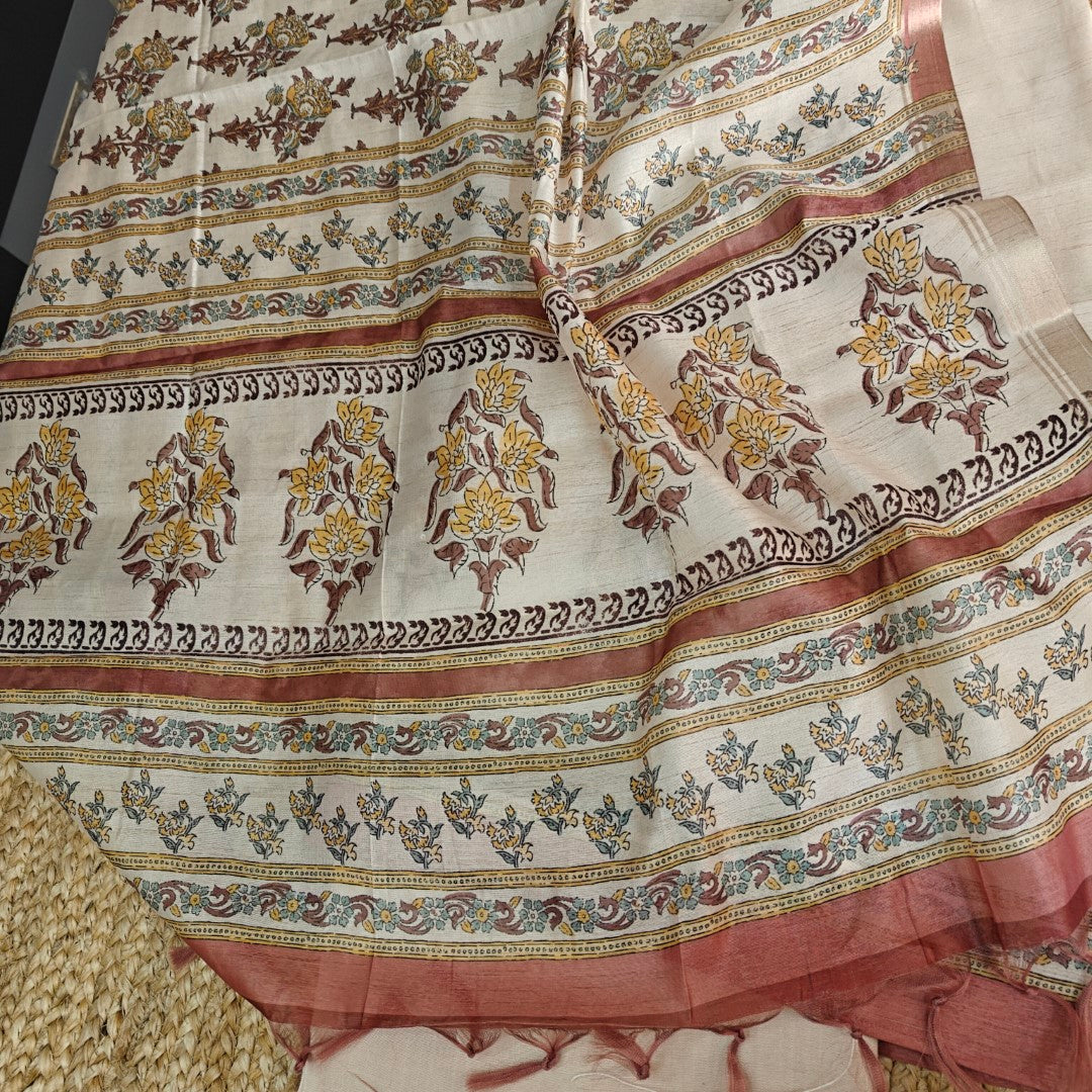 Pure Silk Tussar Printed Dress Material with Handwork