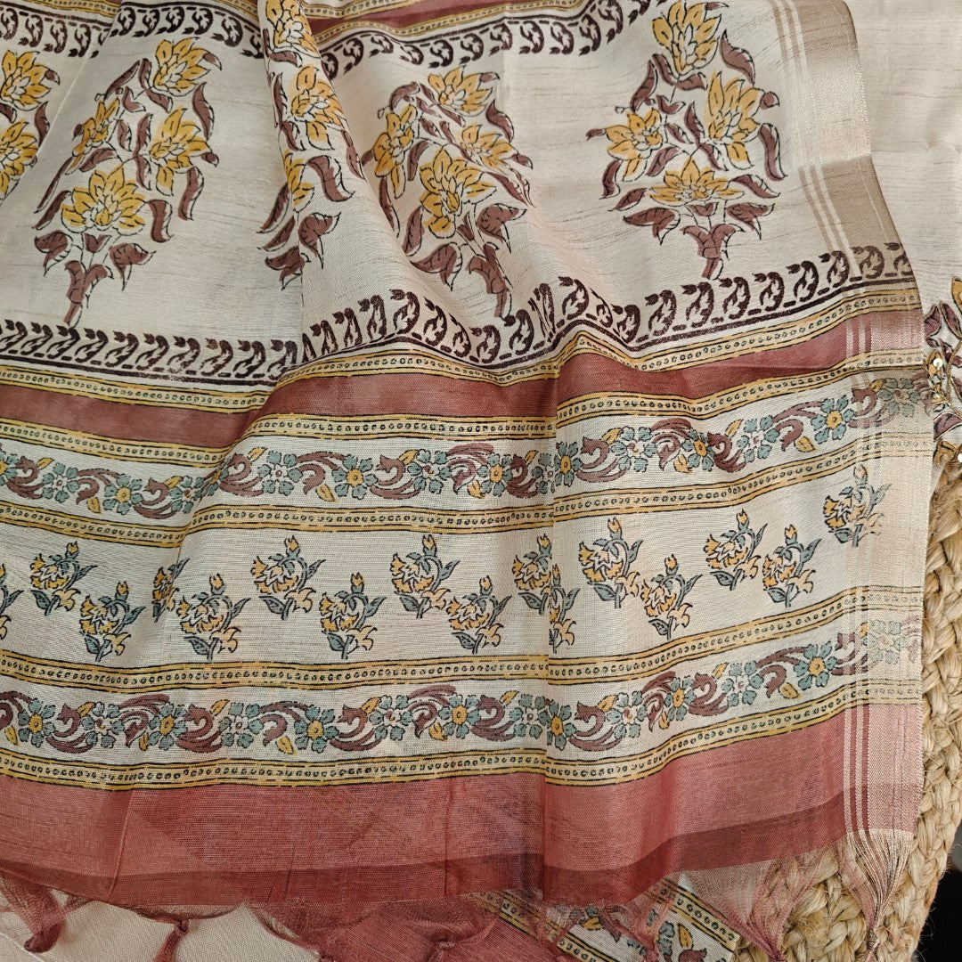 Pure Silk Tussar Printed Dress Material with Handwork