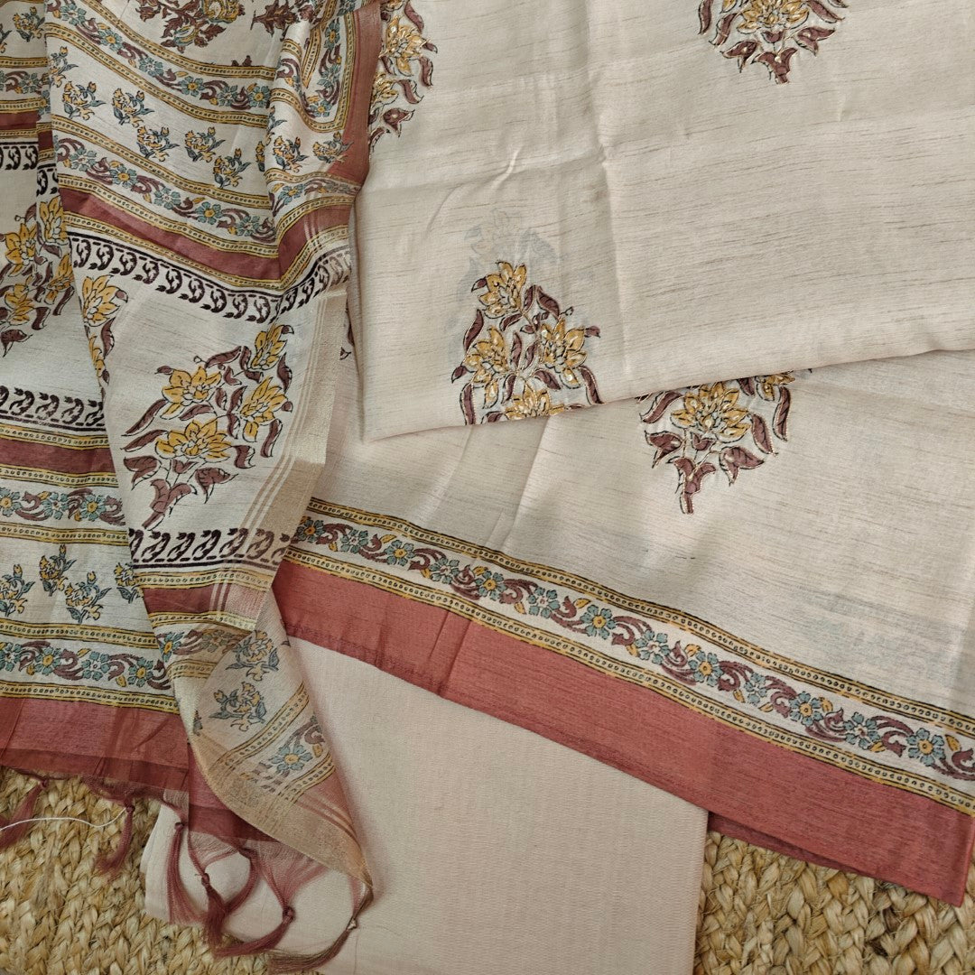 Pure Silk Tussar Printed Dress Material with Handwork
