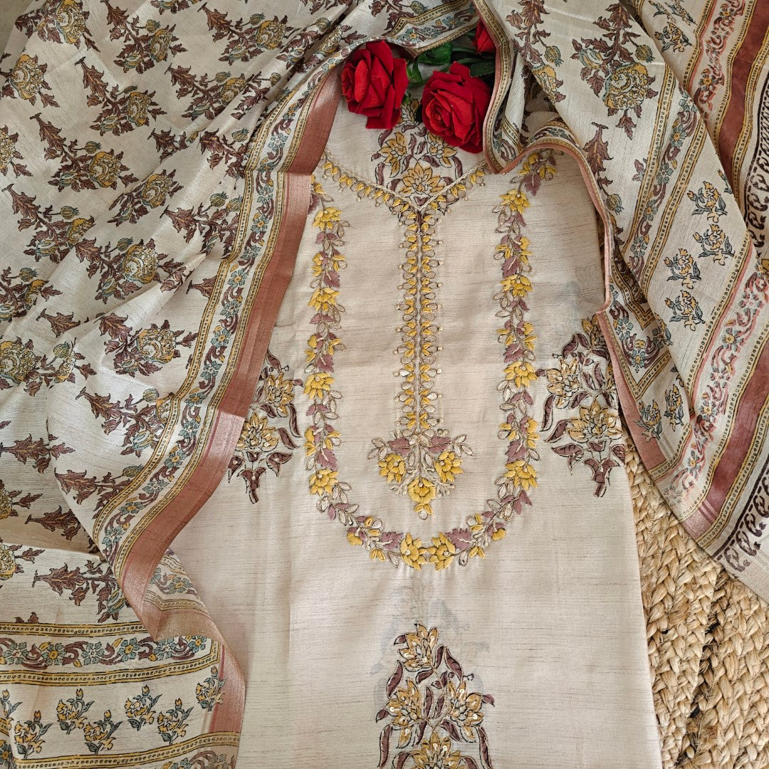 Pure Silk Tussar Printed Dress Material with Handwork