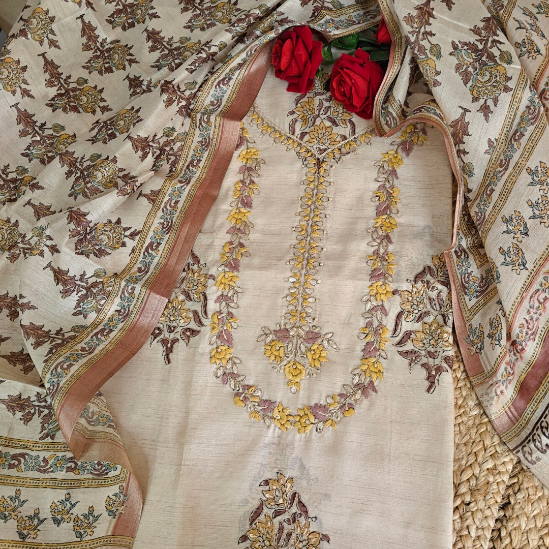 Pure Silk Tussar Printed Dress Material with Handwork