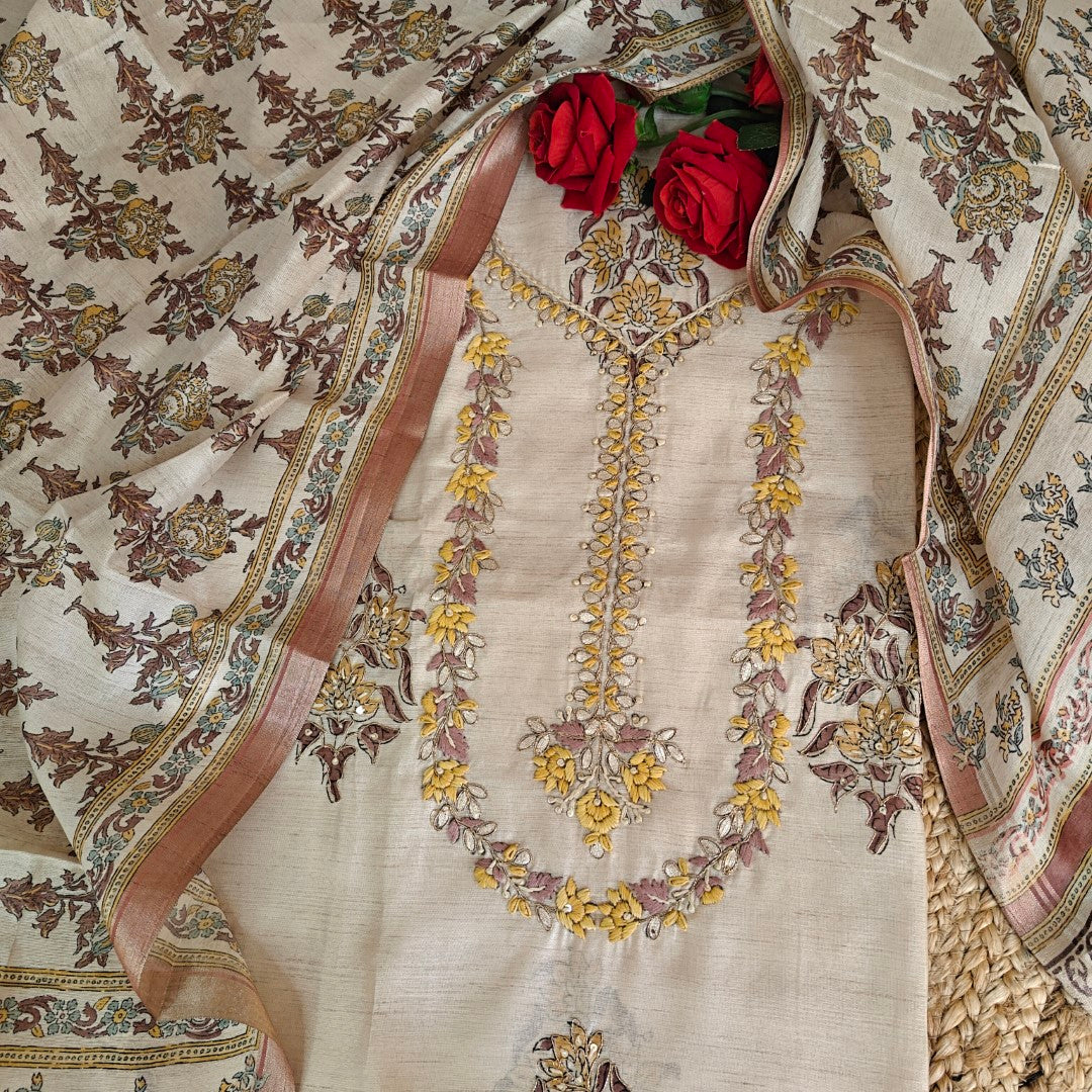 Pure Silk Tussar Printed Dress Material with Handwork