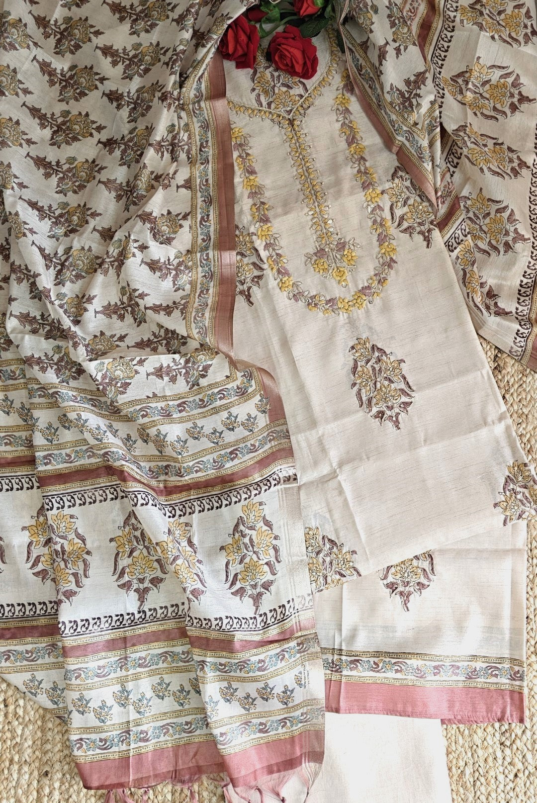 Pure Silk Tussar Printed Dress Material with Handwork