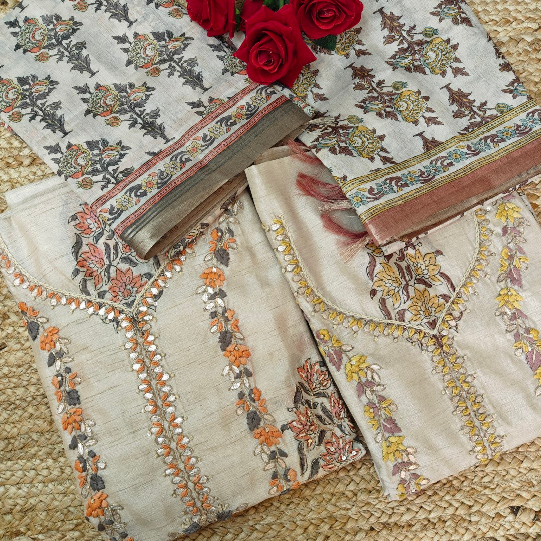 Pure Silk Tussar Printed Dress Material with Handwork