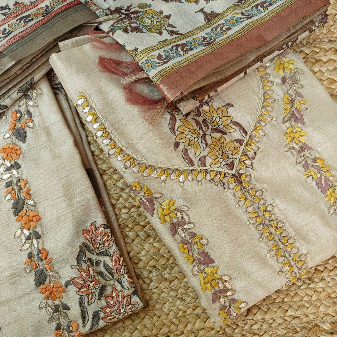 Pure Silk Tussar Printed Dress Material with Handwork