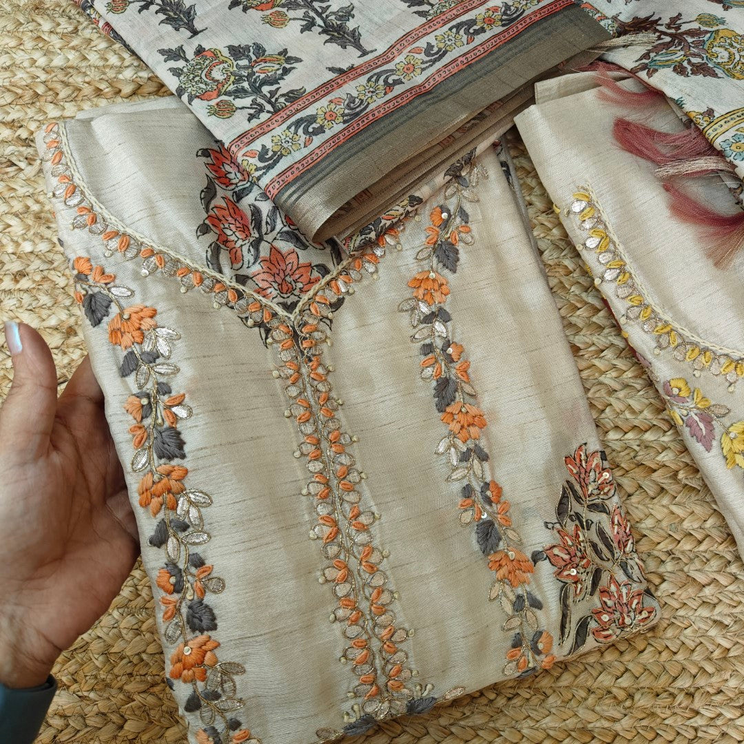 Pure Silk Tussar Printed Dress Material with Handwork