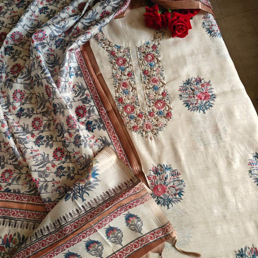 Rich Tussar Printed Dress Material with Handwork