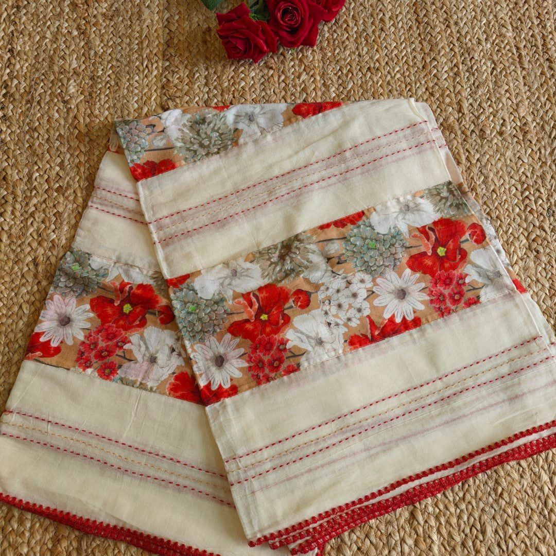 Cotton Printed Red Floral Kantha work Dupatta