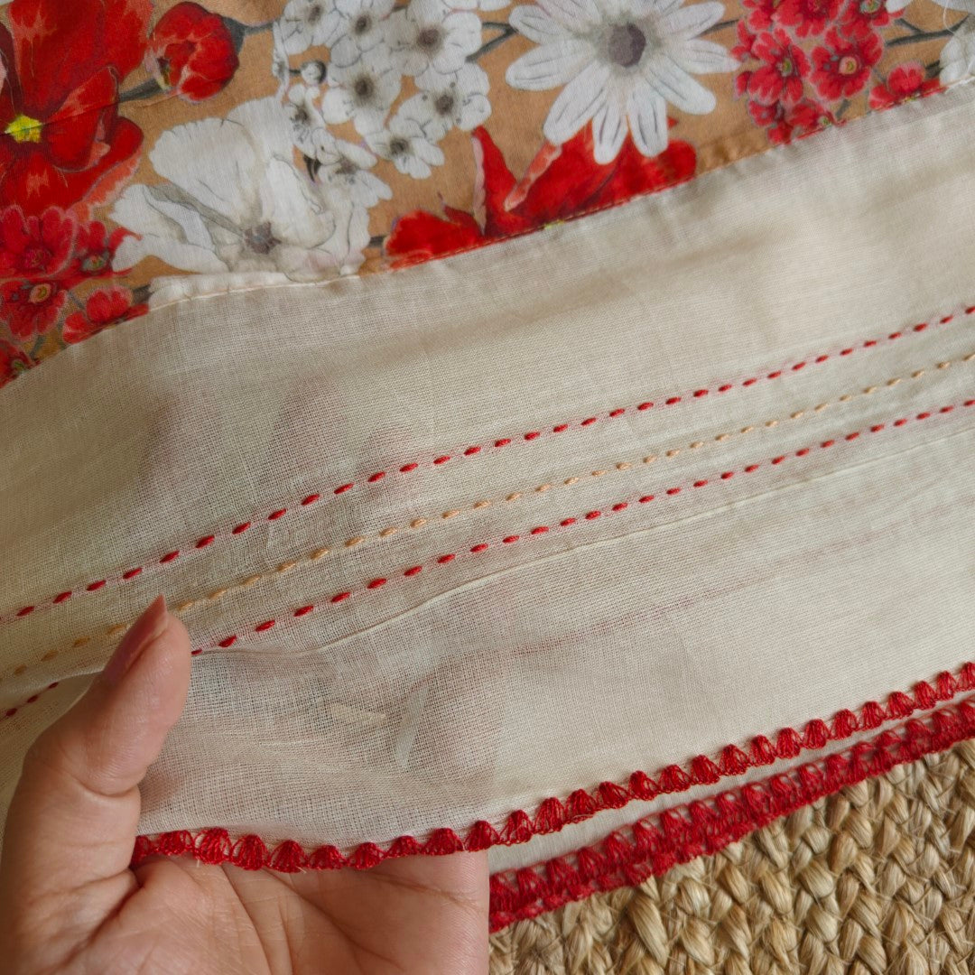Cotton Printed Red Floral Kantha work Dupatta