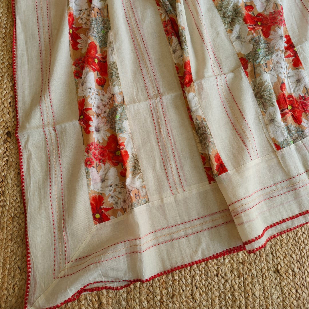 Cotton Printed Red Floral Kantha work Dupatta