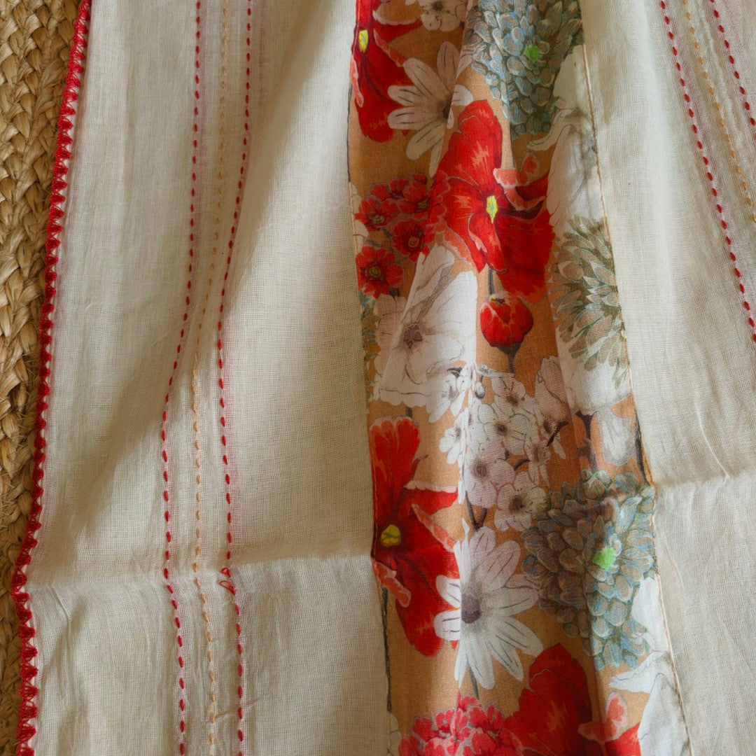 Cotton Printed Red Floral Kantha work Dupatta
