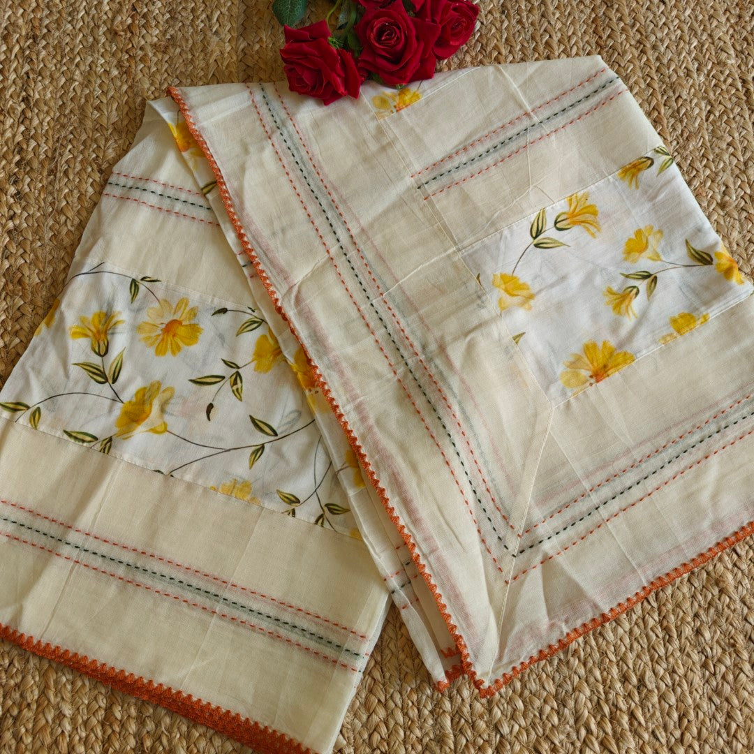 Cotton Printed Yellow Floral Kantha work Dupatta