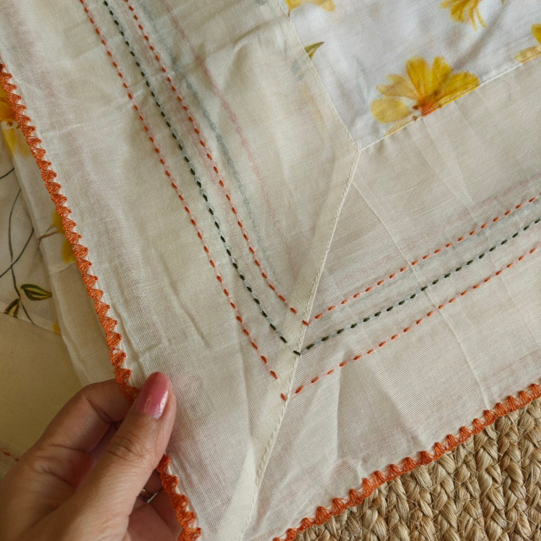 Cotton Printed Yellow Floral Kantha work Dupatta