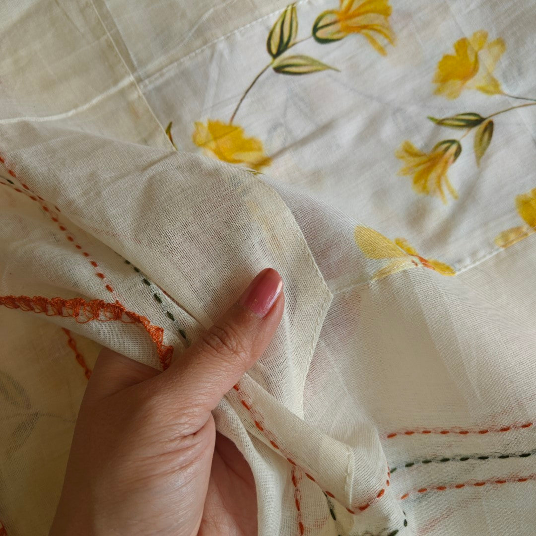 Cotton Printed Yellow Floral Kantha work Dupatta