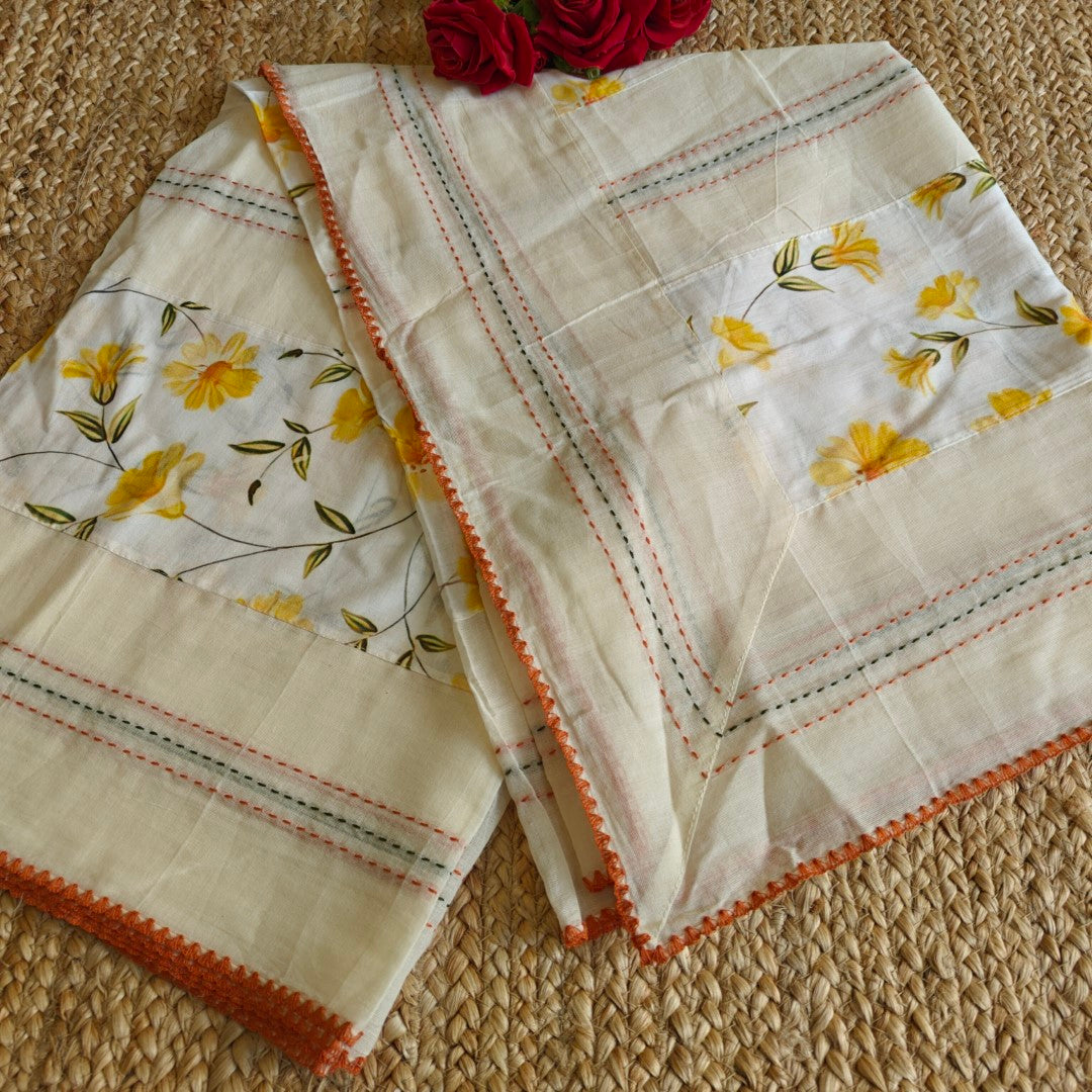 Cotton Printed Yellow Floral Kantha work Dupatta