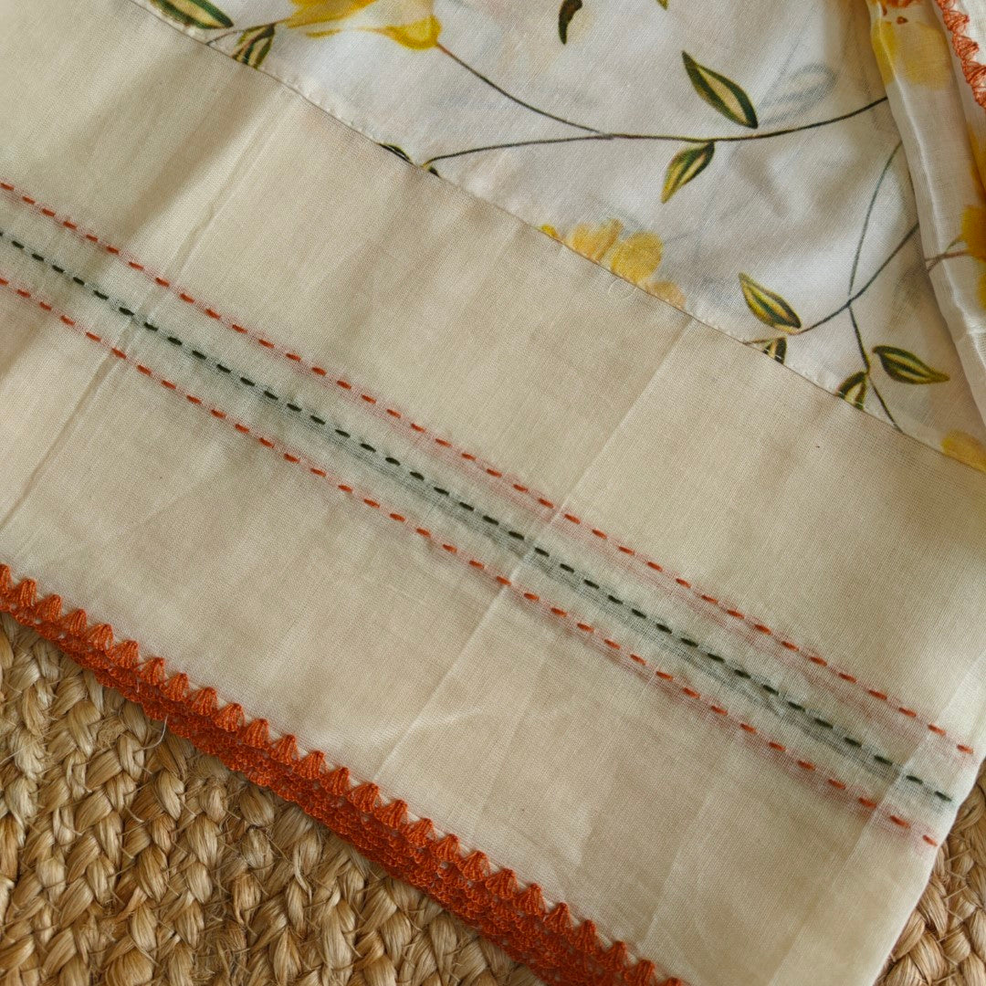 Cotton Printed Yellow Floral Kantha work Dupatta