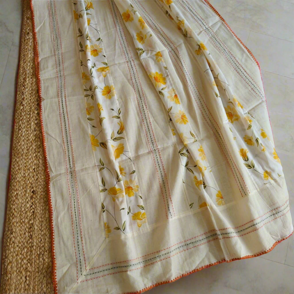 Cotton Printed Yellow Floral Kantha work Dupatta