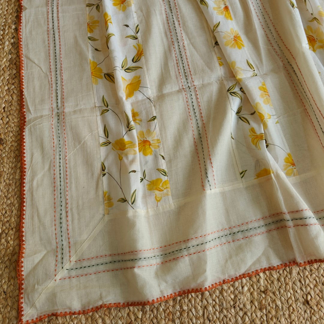 Cotton Printed Yellow Floral Kantha work Dupatta