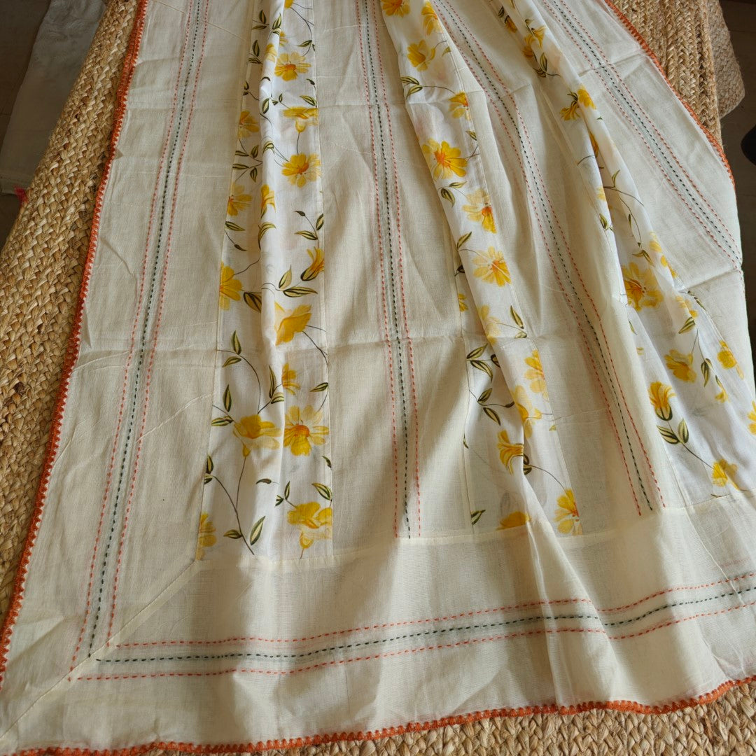 Cotton Printed Yellow Floral Kantha work Dupatta