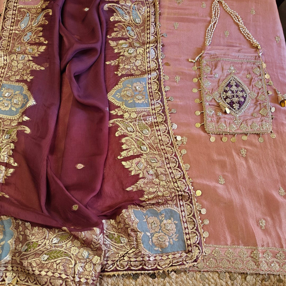 Party wear Shimmer tissue Dress material with Potli bag