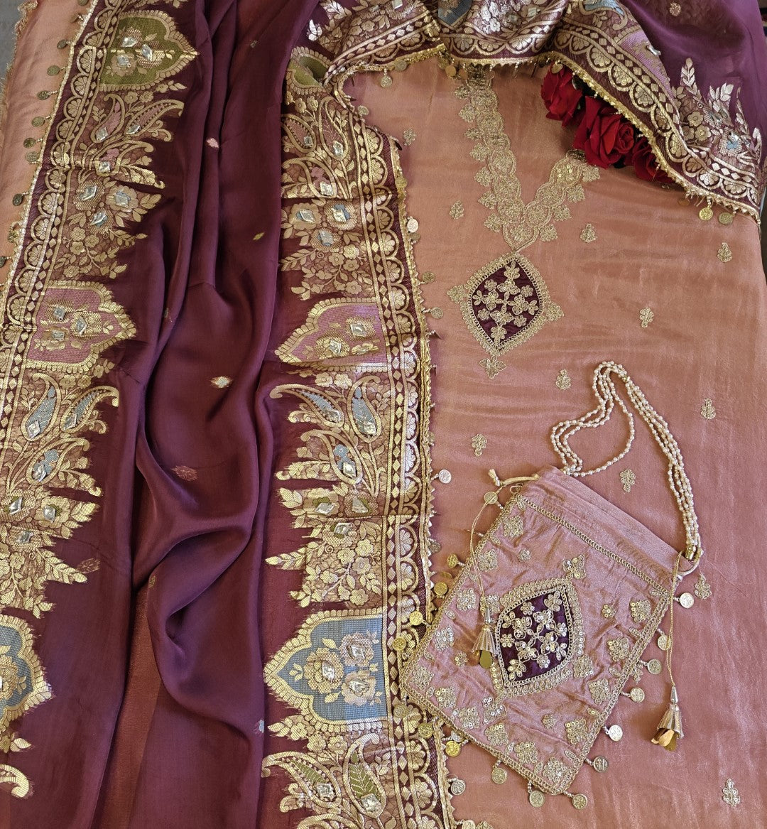 Party wear Shimmer tissue Dress material with Potli bag