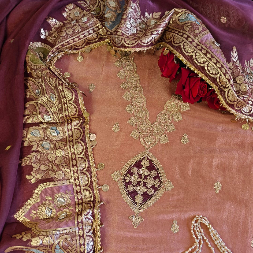 Party wear Shimmer tissue Dress material with Potli bag