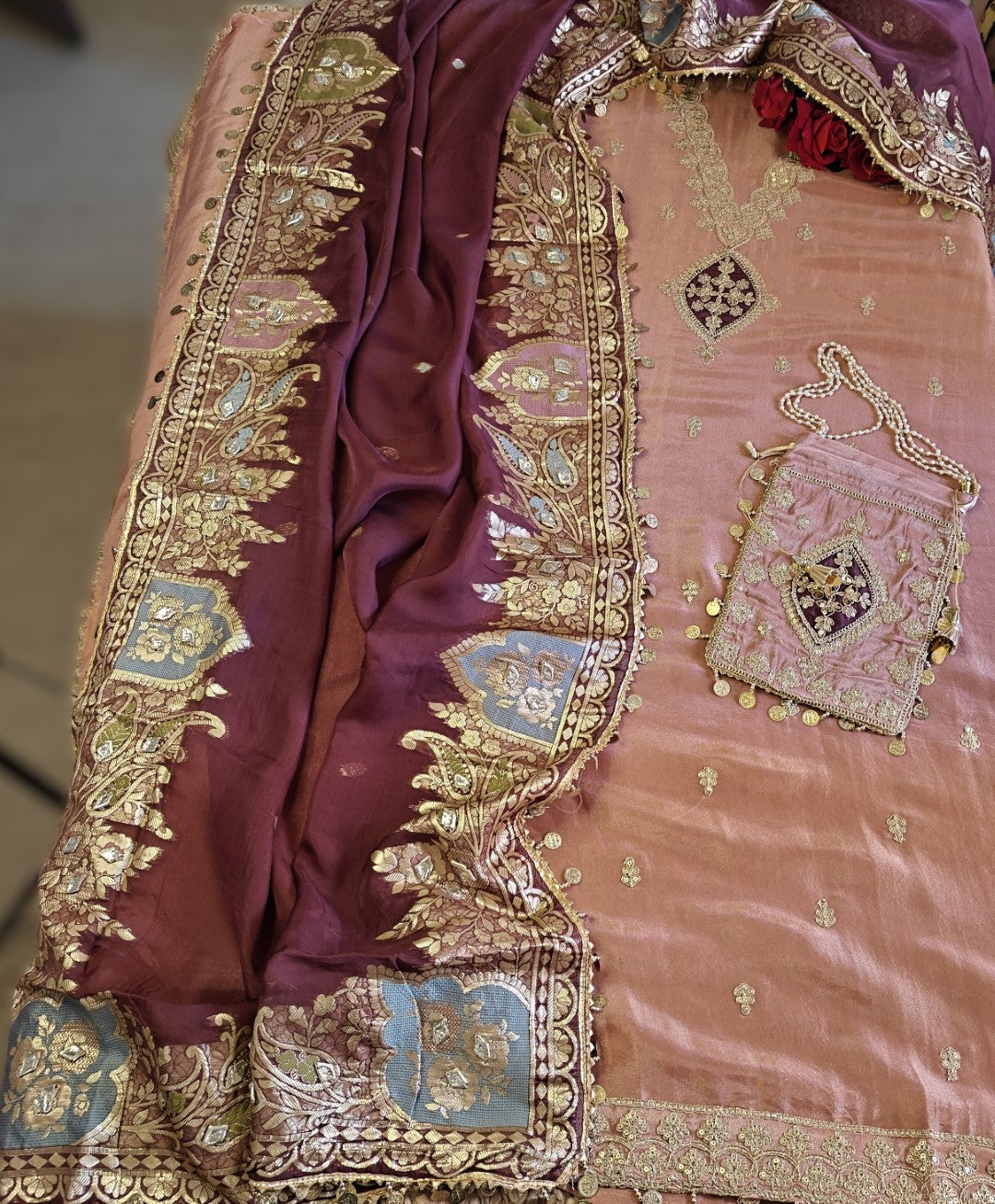 Party wear Shimmer tissue Dress material with Potli bag