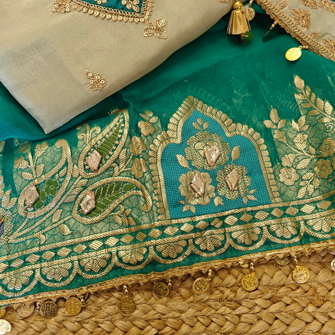 Pista green Party wear Shimmer tissue Dress material with Potli bag contrast dupatta