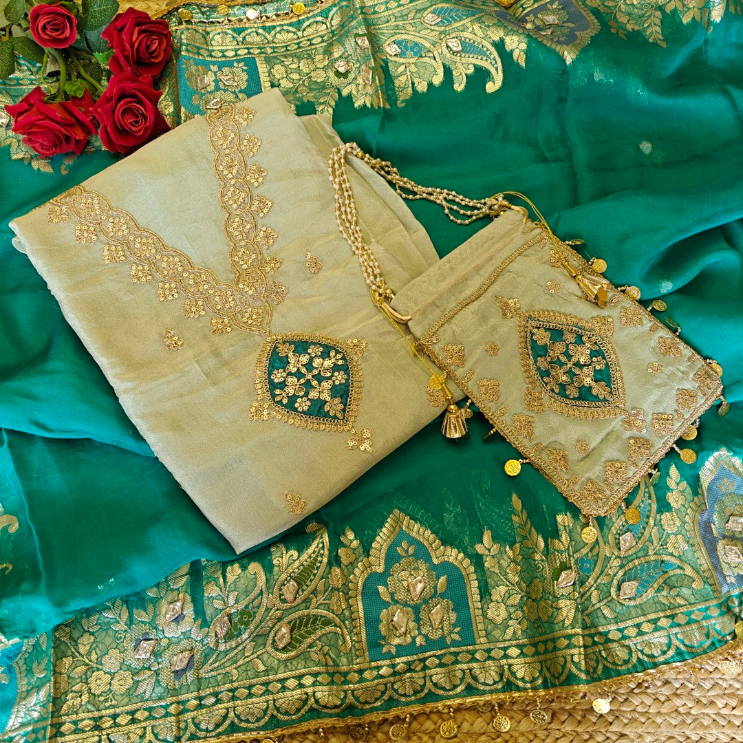 Pista green Party wear Shimmer tissue Dress material with Potli bag contrast dupatta