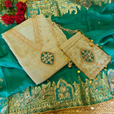 Pista green Party wear Shimmer tissue Dress material with Potli bag contrast dupatta