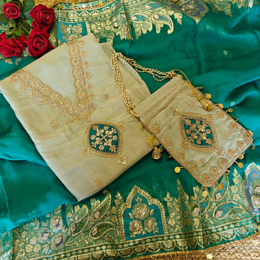 Pista green Party wear Shimmer tissue Dress material with Potli bag contrast dupatta