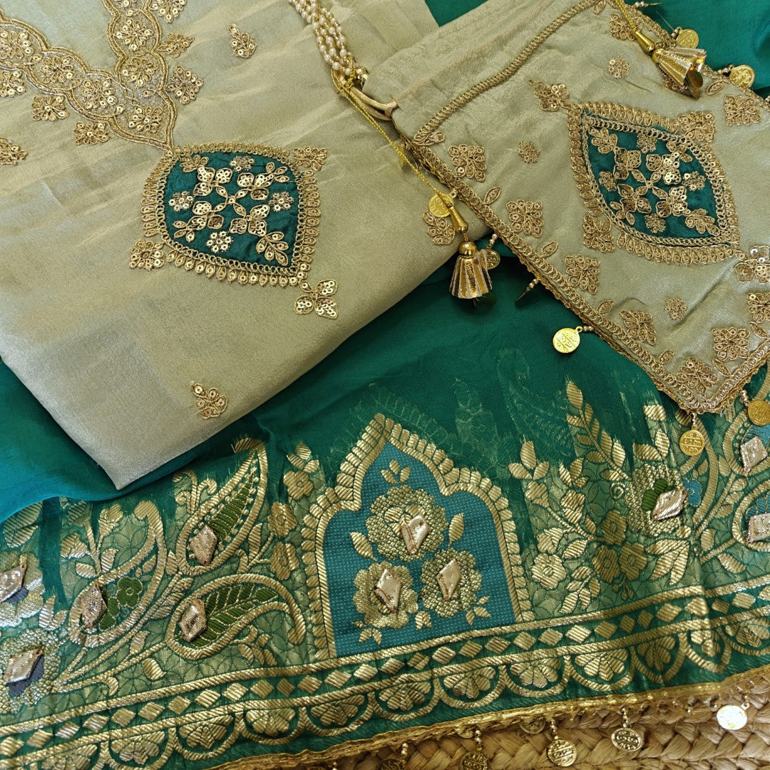 Pista green Party wear Shimmer tissue Dress material with Potli bag contrast dupatta