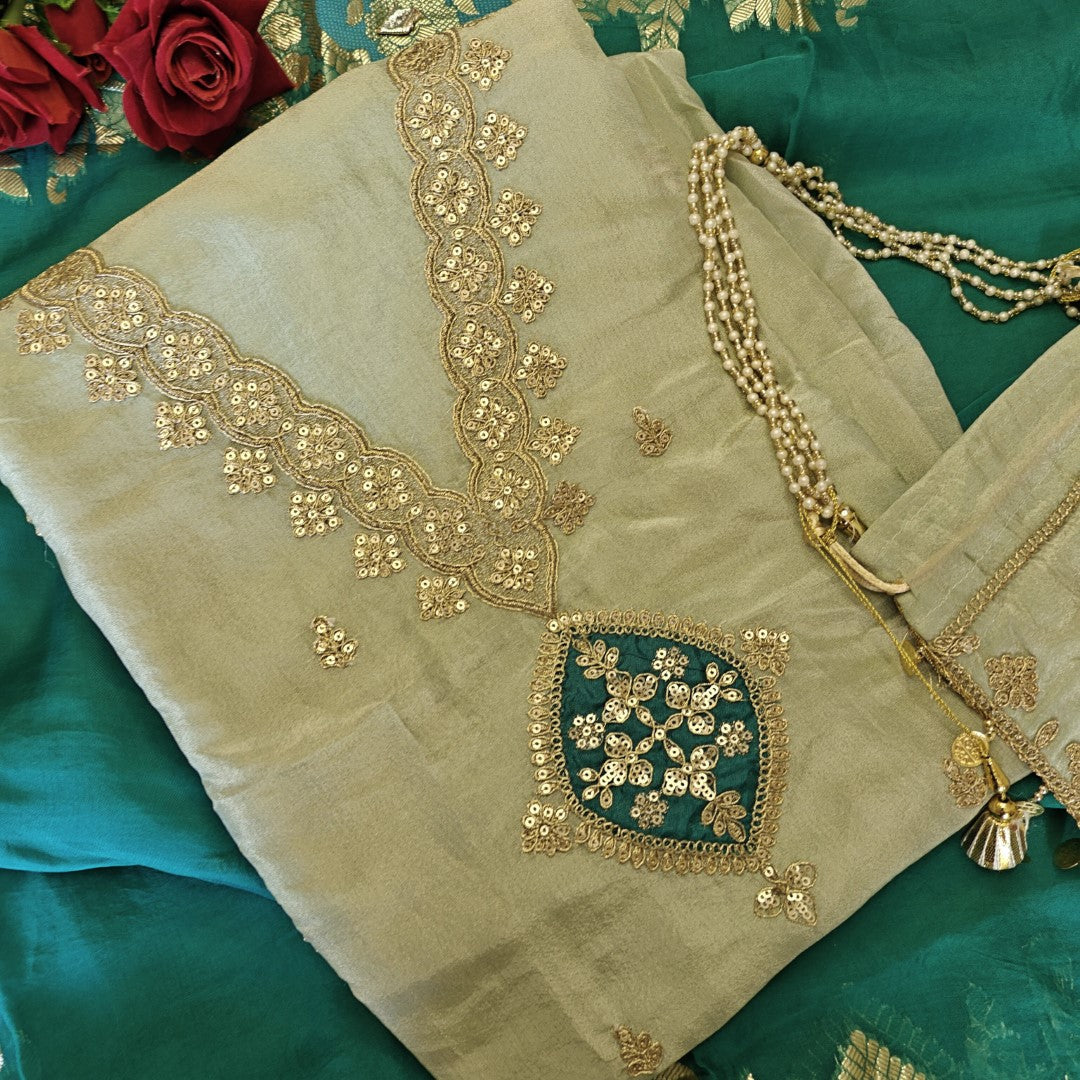 Pista green Party wear Shimmer tissue Dress material with Potli bag contrast dupatta