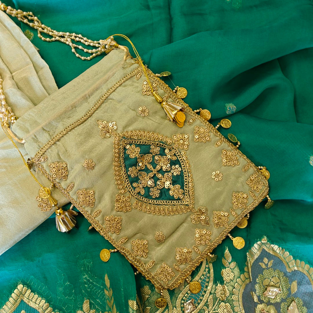 Pista green Party wear Shimmer tissue Dress material with Potli bag contrast dupatta