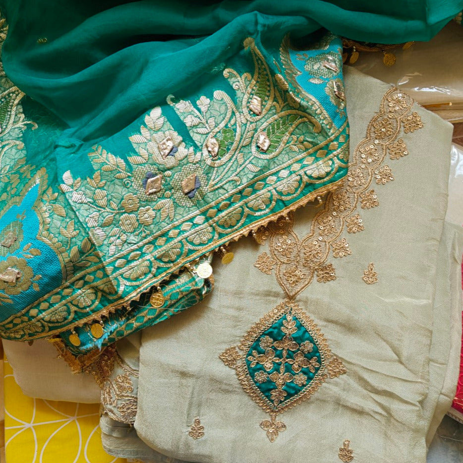 Pista green Party wear Shimmer tissue Dress material with Potli bag contrast dupatta