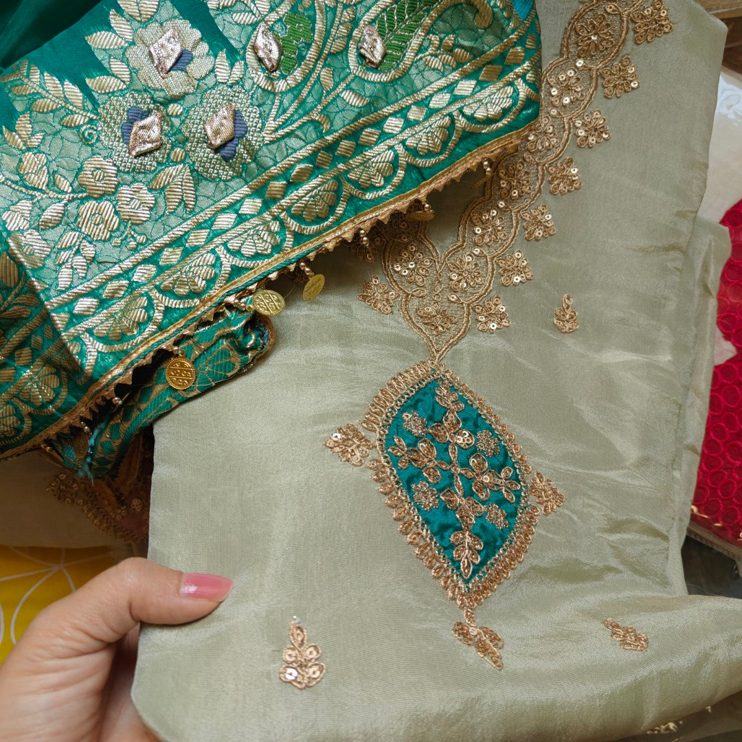 Pista green Party wear Shimmer tissue Dress material with Potli bag contrast dupatta