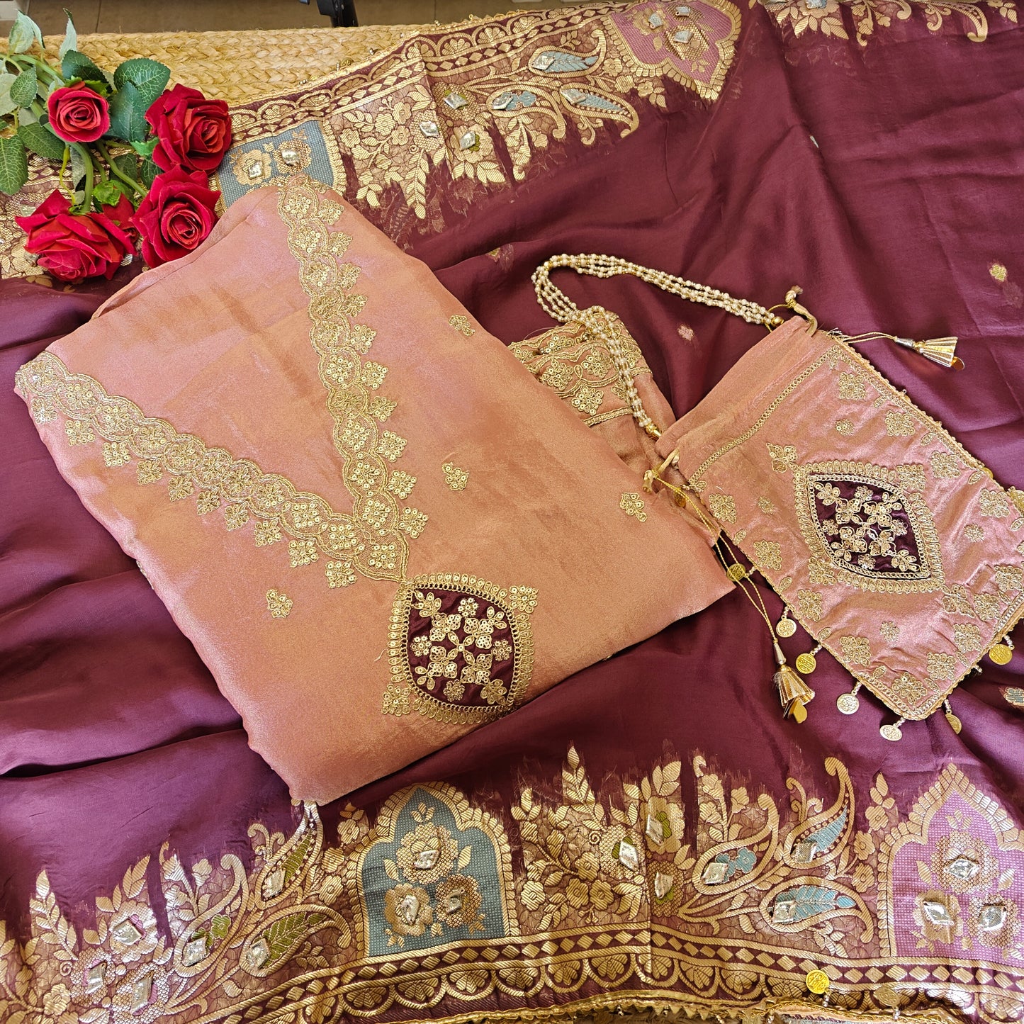 Party wear Shimmer tissue Dress material with Potli bag