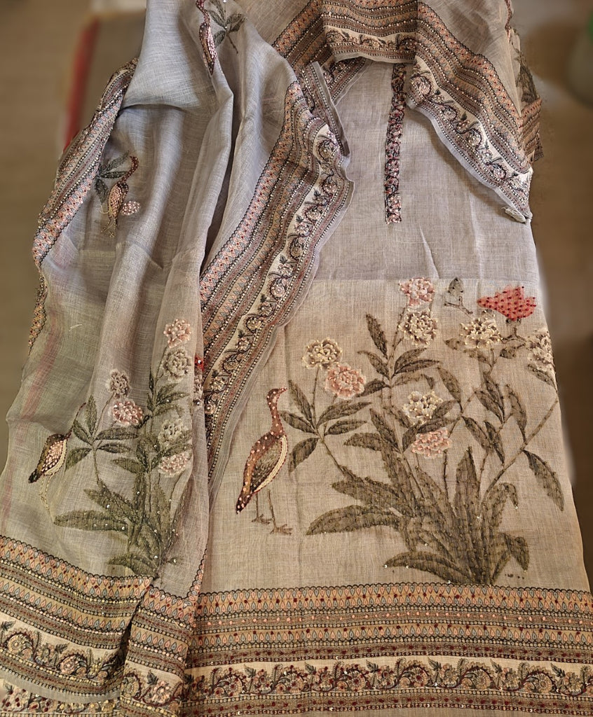 Bird motif Grey Linen shimmer dress material with Knot work