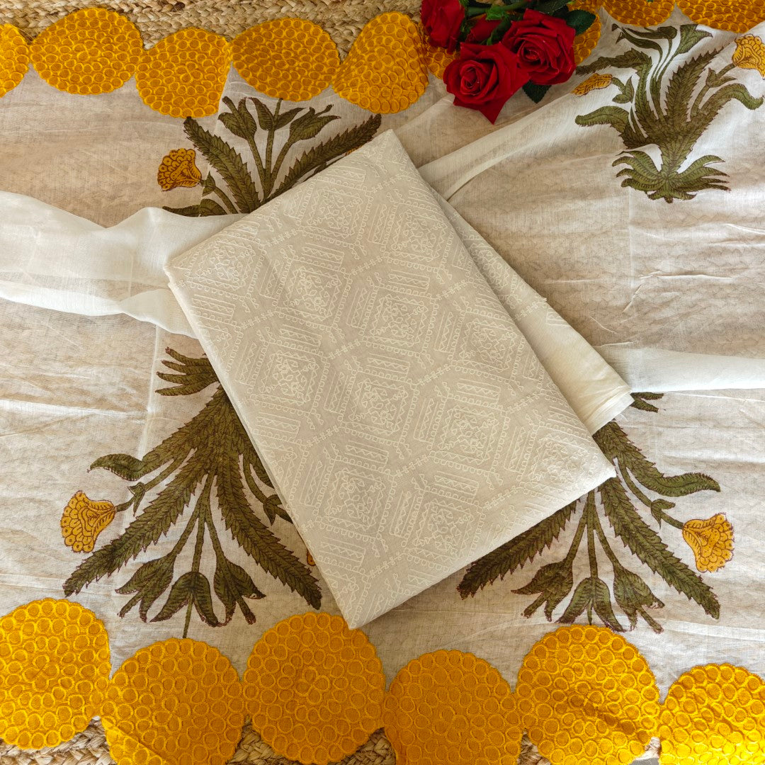 Mul Chanderi Yellow scallop flower Designer Dupatta Dress material