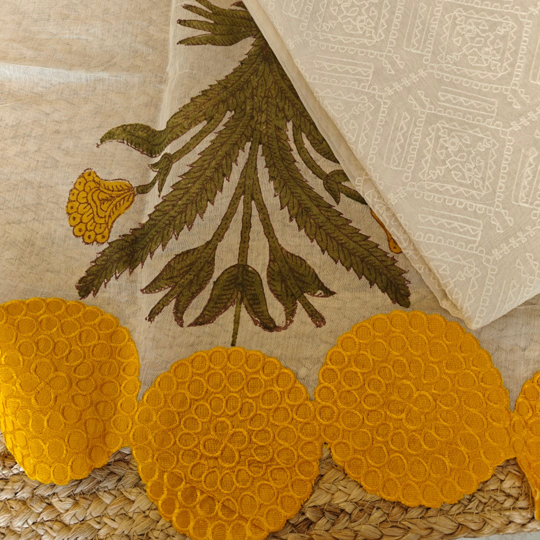 Mul Chanderi Yellow scallop flower Designer Dupatta Dress material