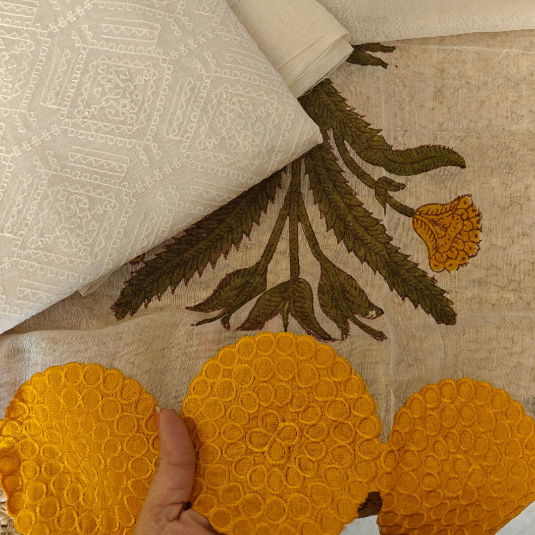 Mul Chanderi Yellow scallop flower Designer Dupatta Dress material