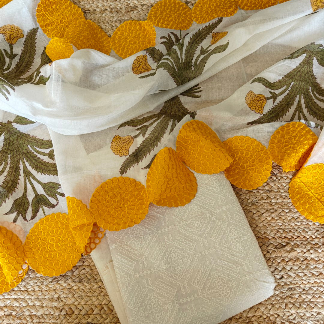 Mul Chanderi Yellow scallop flower Designer Dupatta Dress material